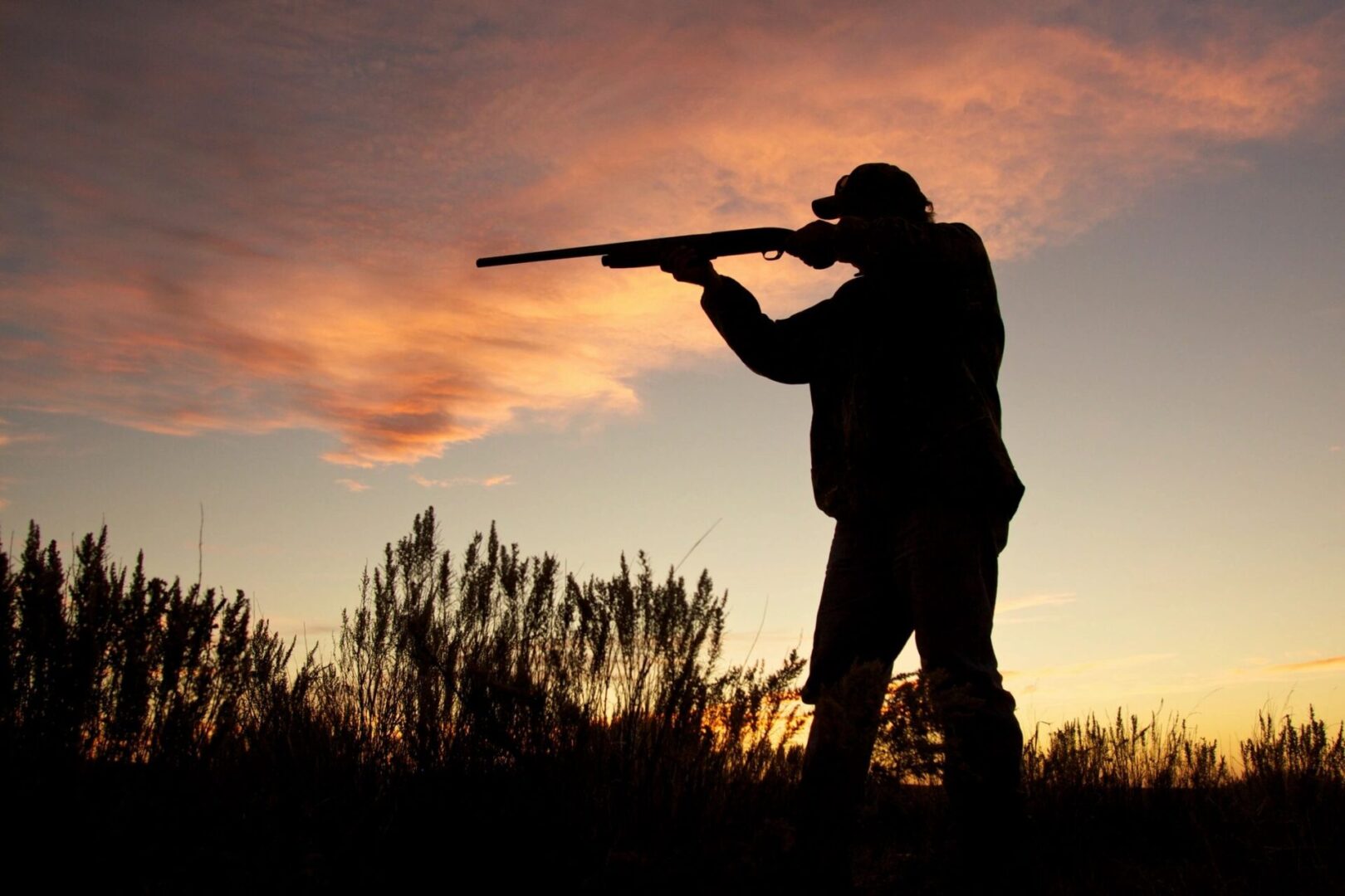 A man is standing in the grass with a gun.